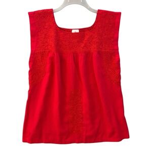J Marie Red Embroidered Top Medium Boho Blouse Babydoll Sleeveless Linen Blend